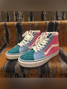 Vans Sk8-Hi Multicolor Suede & Canvas High-Top Sneakers - Teal, Sky Blue, Pink